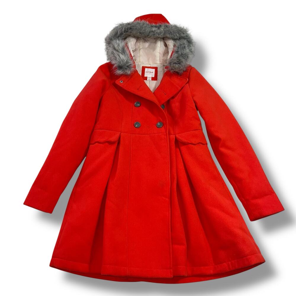 Cat & Jack Girls Dress Coat Jacket Faux Fur Hood Double Breasted Knee Length Red
